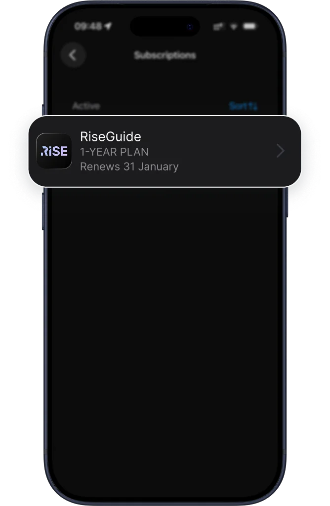 Apple Subscriptions showing RiseGuide plan