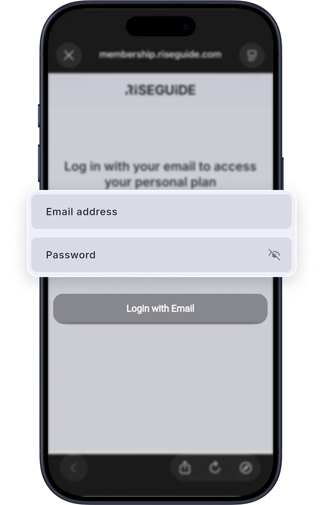 Membership login screen with email and password fields