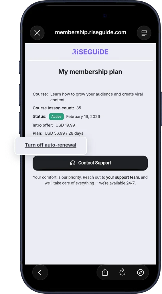 Membership plan page with Turn off auto-renewal highlighted