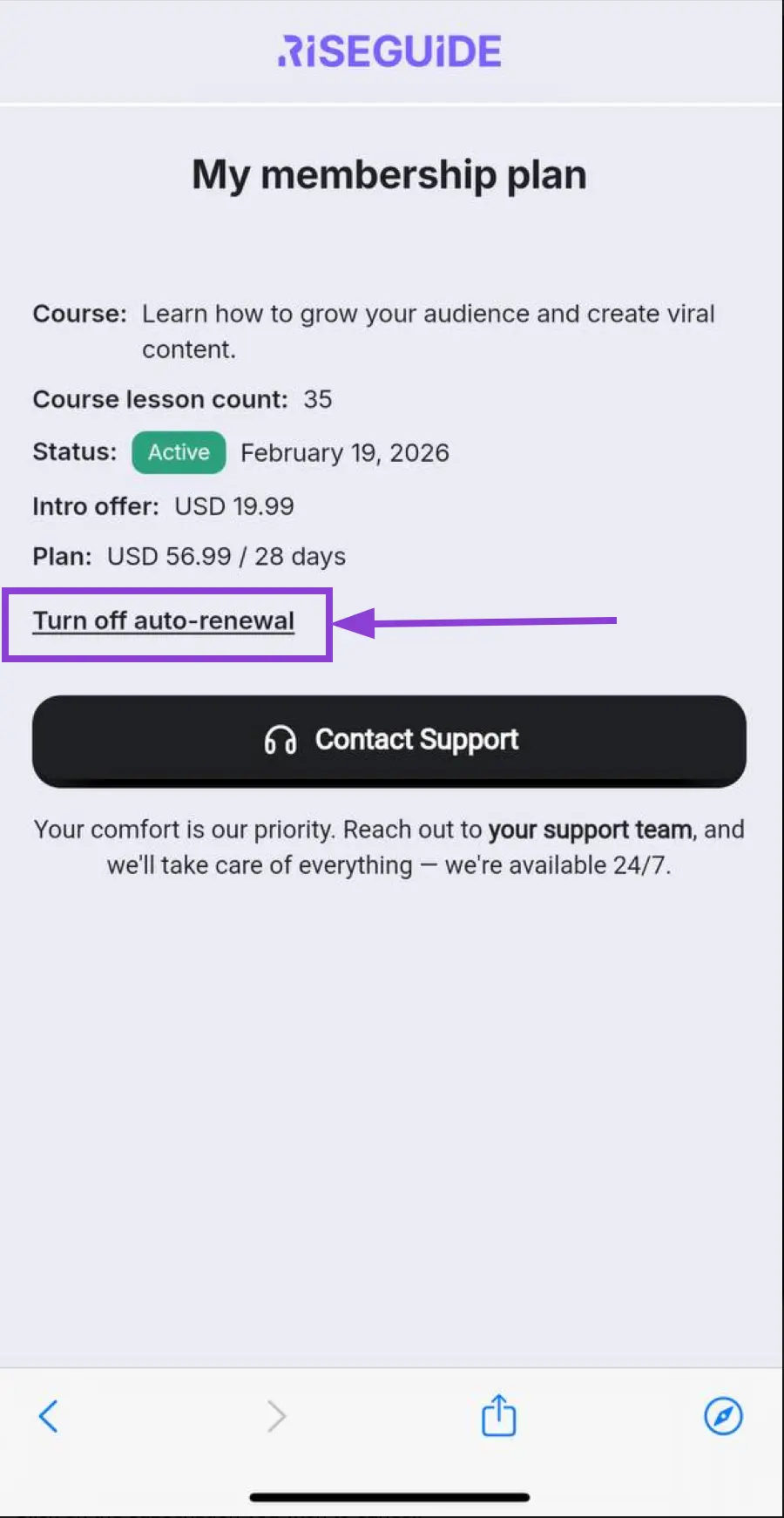 Membership plan page with Turn off auto-renewal highlighted