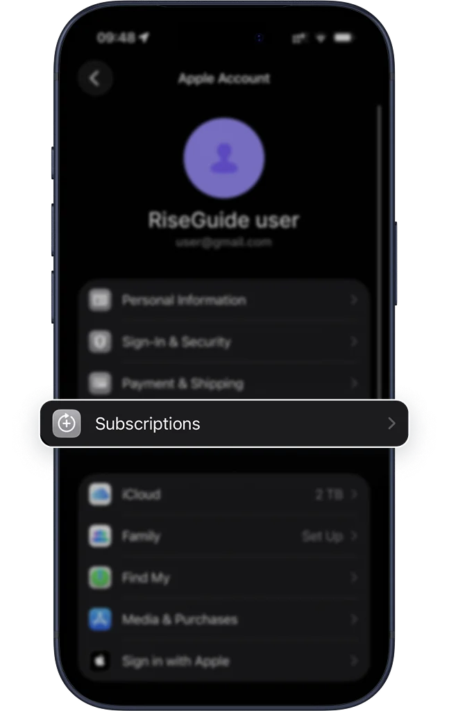 Apple Account settings with Subscriptions highlighted