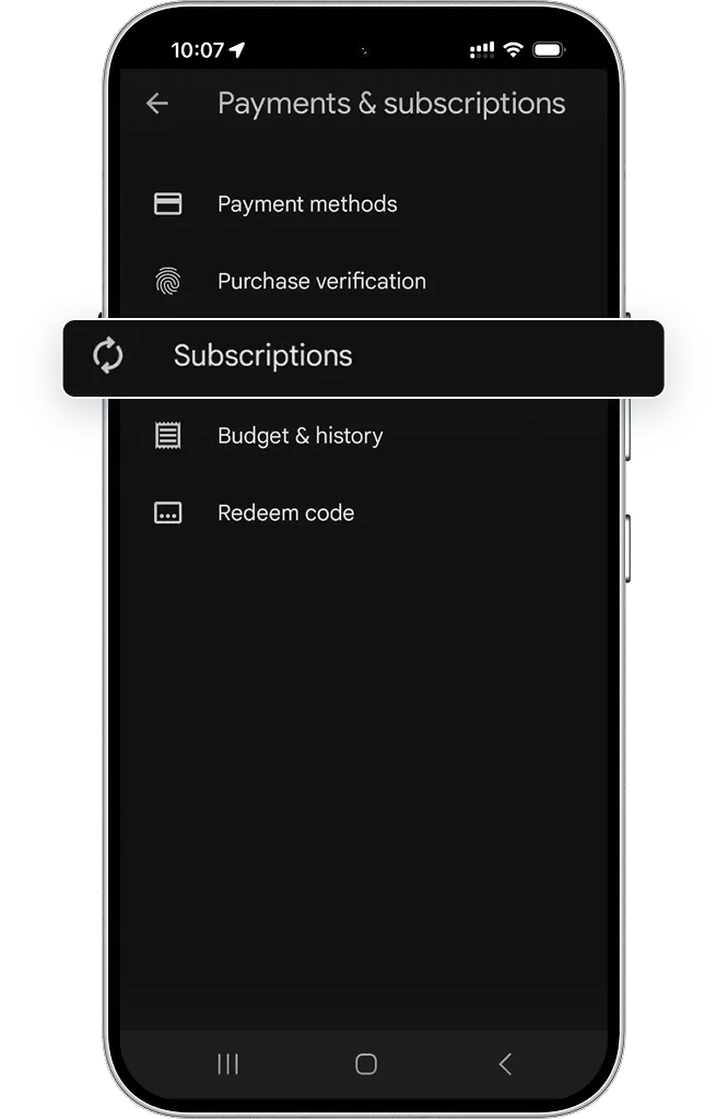 Google Play Payments & Subscriptions with Subscriptions highlighted