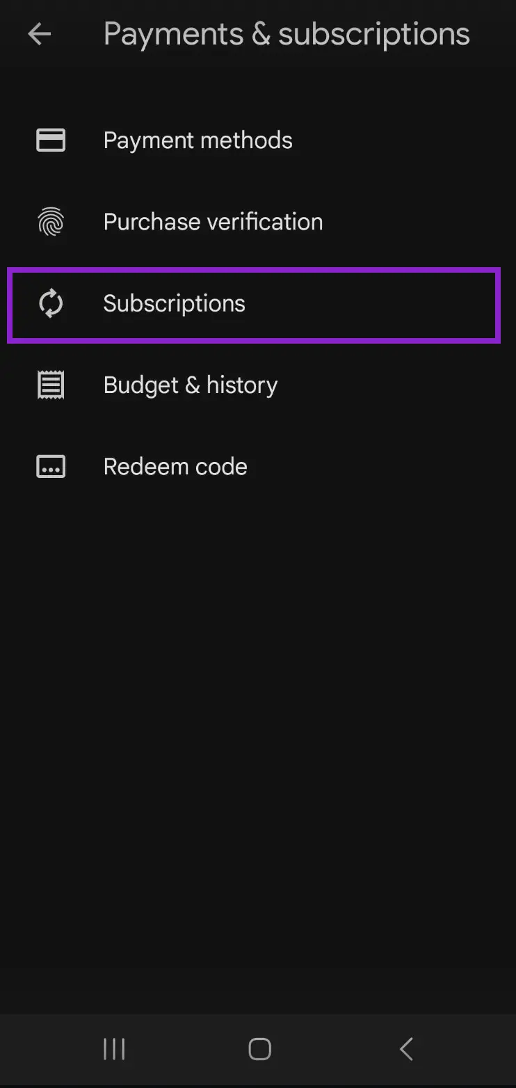 Google Play Payments & Subscriptions with Subscriptions highlighted