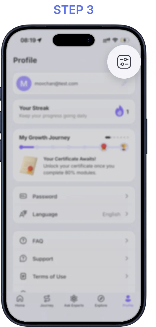 RiseGuide Profile page with settings icon highlighted