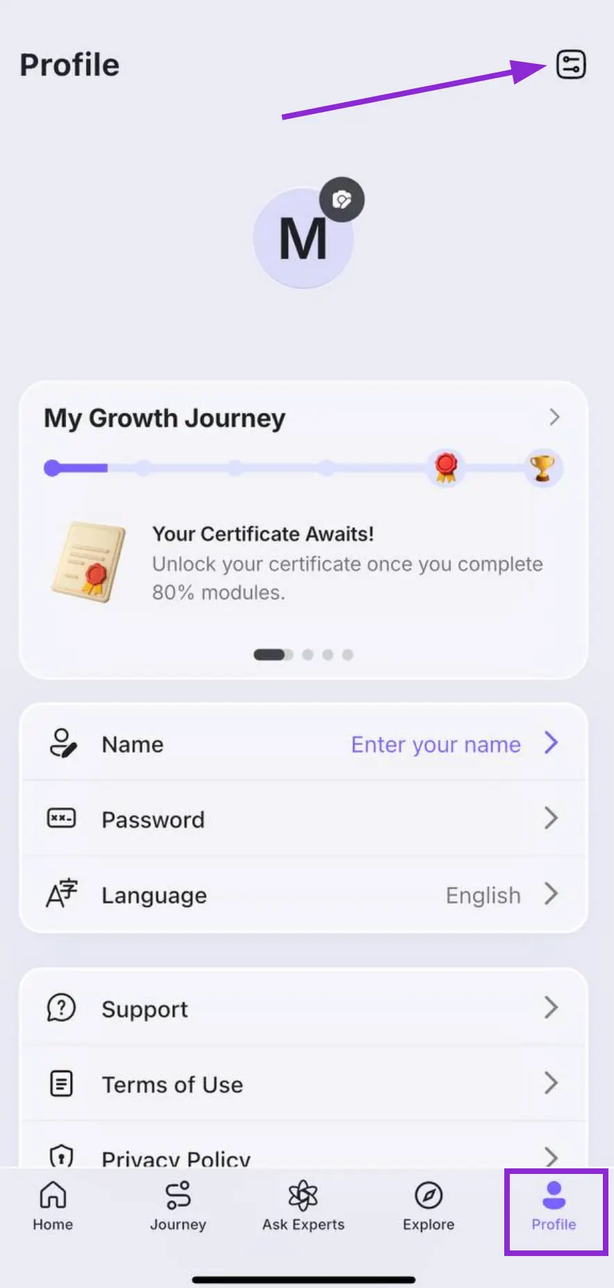 RiseGuide Profile page with settings icon highlighted