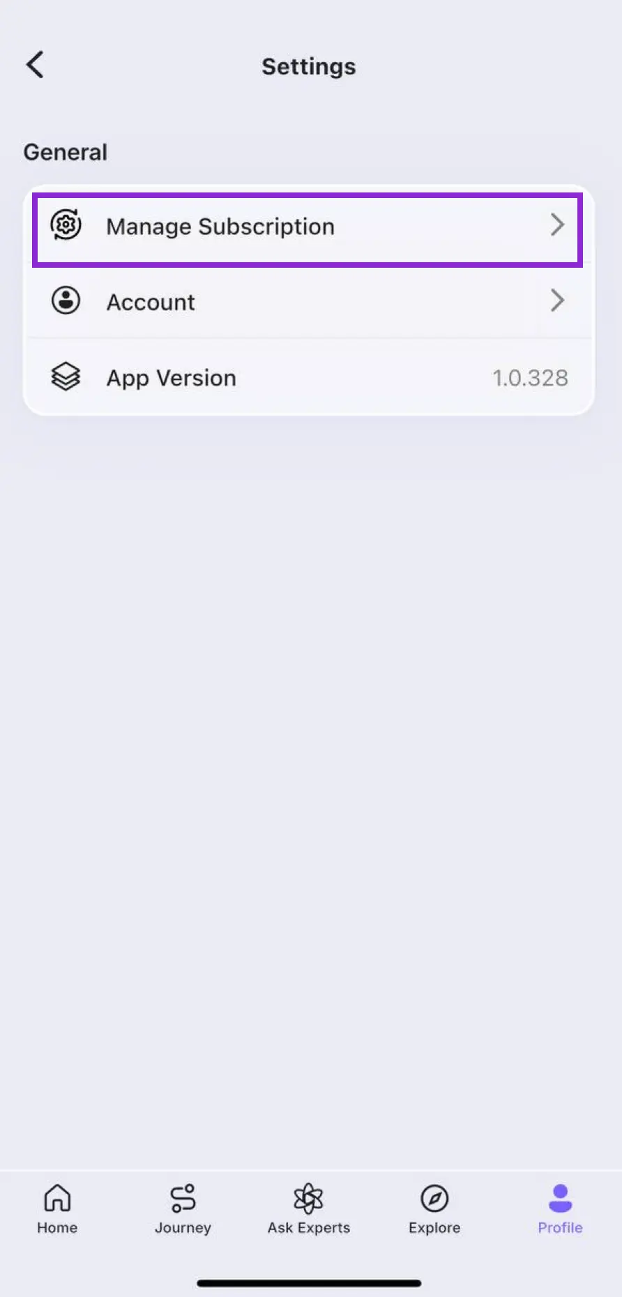RiseGuide Settings with Manage Subscription highlighted