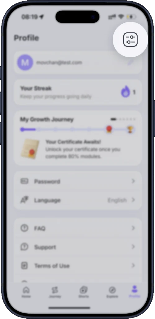 RiseGuide Profile page with settings icon highlighted